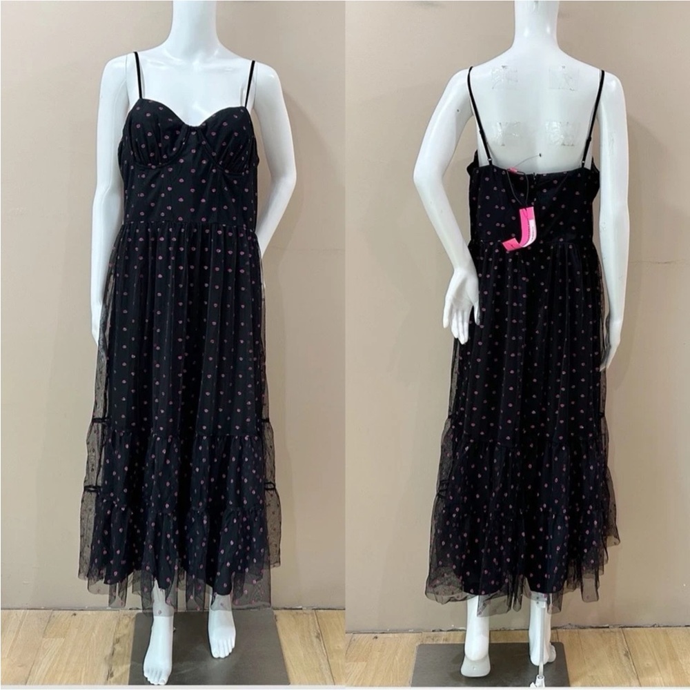 NWT Betsey Johnson Midi Dress Women 10 Black Foil Lip Print Tulle Bustier - Picture 2 of 8